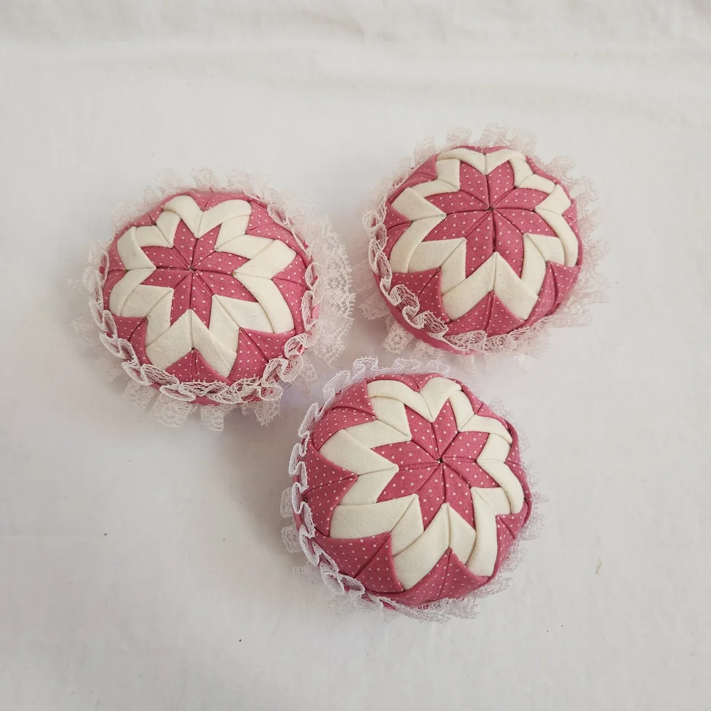 Pink and White Quilted Ball Christmas Ornaments